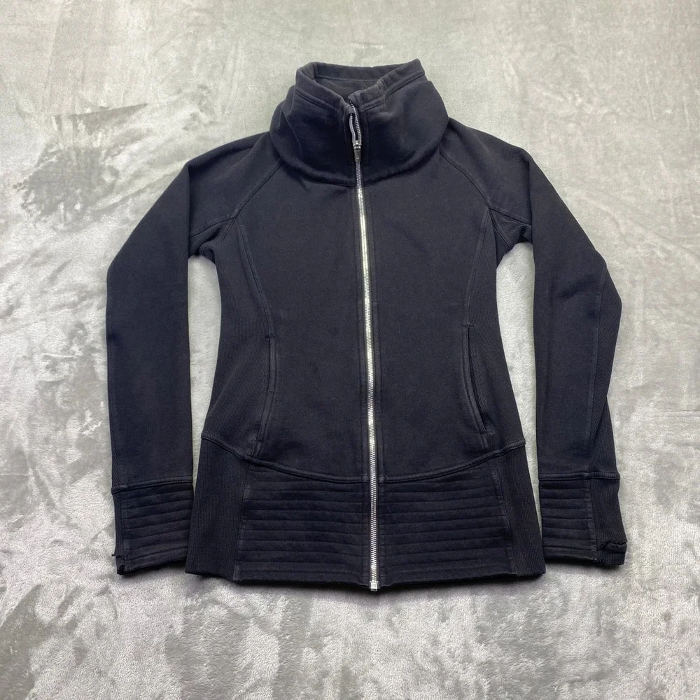 Lululemon Radiance Jacket Black Moto Ribbed Full Zip Funnel Neck Size 6 LW4BGCS